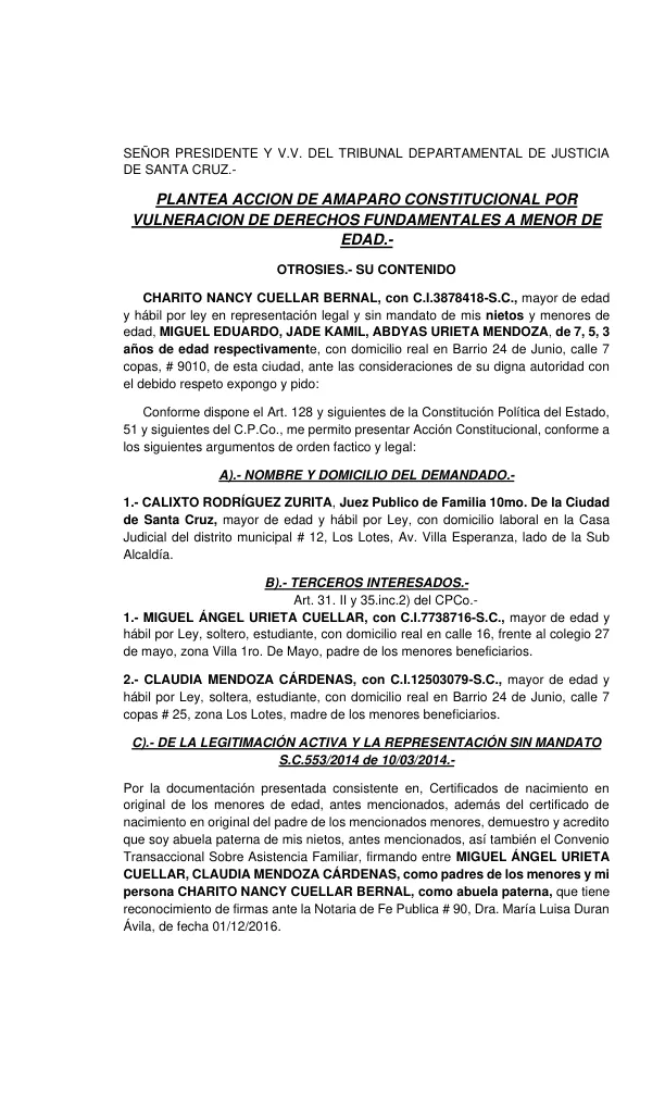 MODELO DE ACCION DE AMPARO CONSTITUCIONAL POR VULNERACION DE DERECHOS FUNDAMENTALES A MENOR DE EDAD