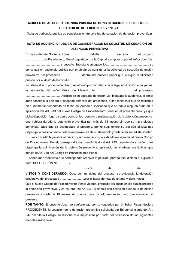 MODELO DE ACTA DE AUDIENCIA PÚBLICA DE CONSIDERACION DE SOLICITUD DE CESACION DE DETENCION PREVENTIVA