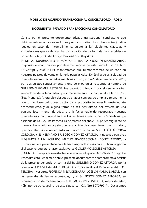 MODELO DE ACUERDO TRANSACCIONAL CONCILIATORIO - ROBO