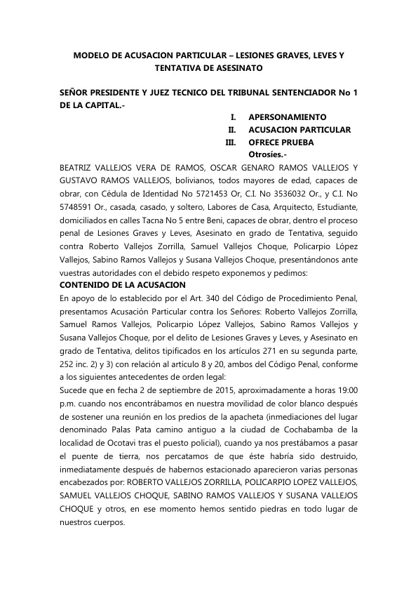 MODELO DE ACUSACION PARTICULAR – LESIONES GRAVES, LEVES Y TENTATIVA DE ASESINATO