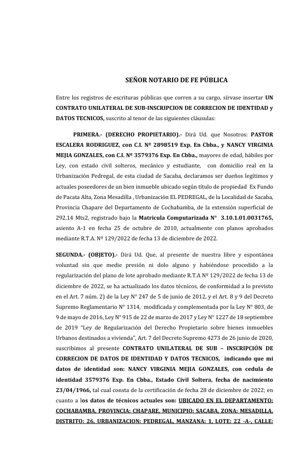 MODELO DE CONTRATO UNILATERAL DE SUB-INSCRIPCION DE CORRECION DE IDENTIDAD y DATOS TECNICOS