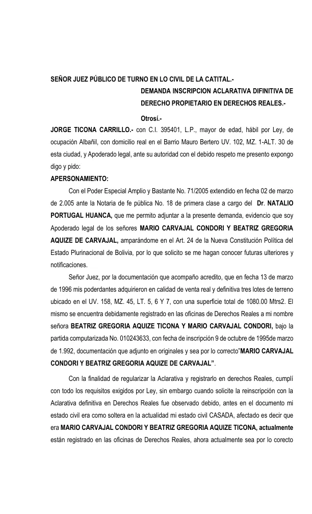 MODELO DE DEMANDA INSCRIPCION ACLARATIVA DIFINITIVA DE DERECHO PROPIETARIO DDRR