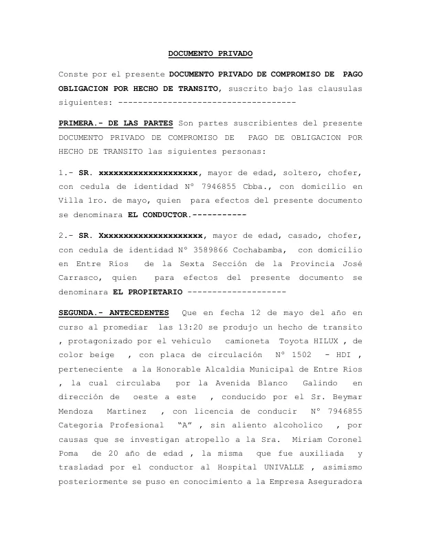 MODELO DE DOCUMENTO PRIVADO DE COMPROMISO DE  PAGO OBLIGACION POR HECHO DE TRANSITO