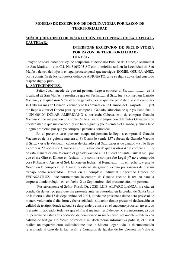 MODELO DE EXCEPCION DE DECLINATORIA POR RAZON DE TERRITORIALIDAD