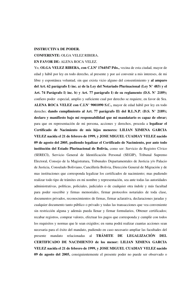 MODELO DE INSTRUCTIVA DE PODER PARA LEGALIZACIÓN DOCUMENTOS EN BOLIVIA