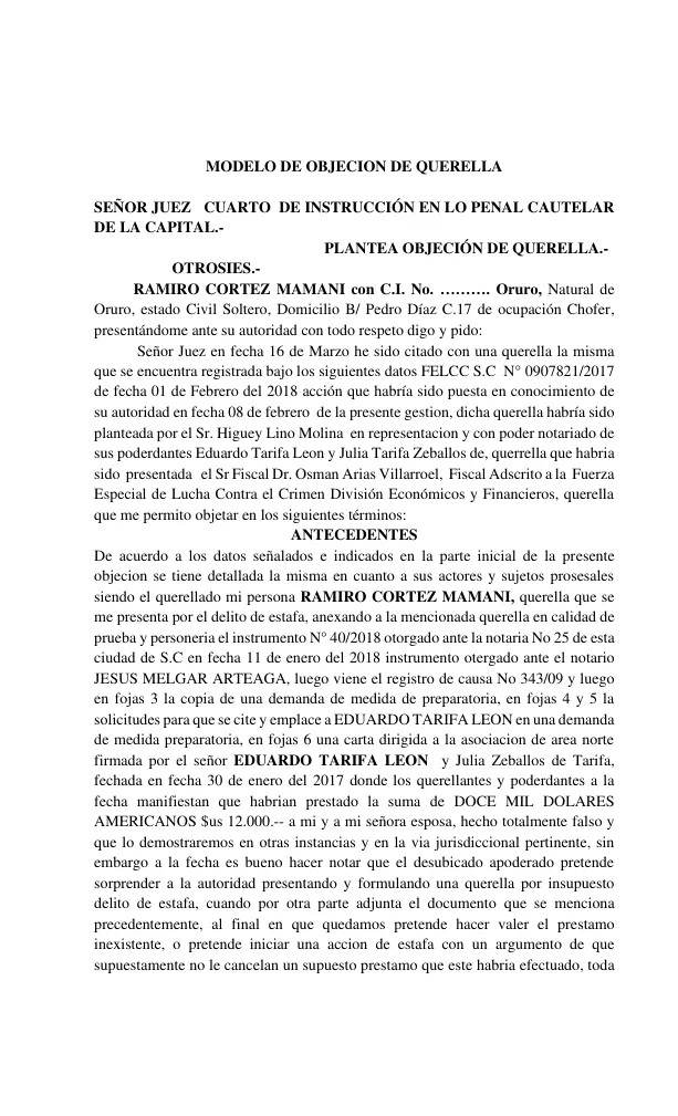 MODELO DE MEMORIAL DE OBJECION DE QUERELLA
