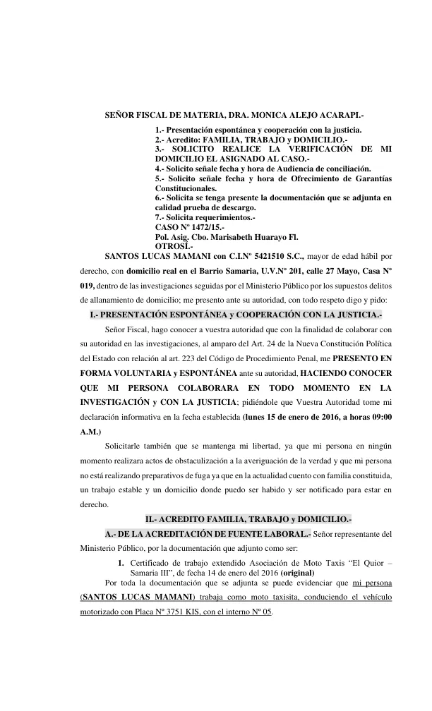 MODELO DE MEMORIAL DE PRESENTACIÓN ESPONTÁNEA y COOPERACIÓN CON LA JUSTICIA