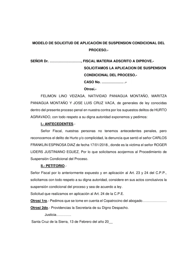 MODELO DE SOLICITUD DE APLICACIÓN DE SUSPENSION CONDICIONAL DEL PROCESO