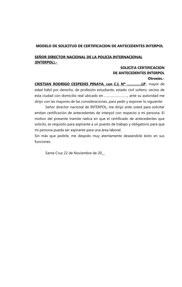 MODELO DE SOLICITUD DE CERTIFICACION DE ANTECEDENTES INTERPOL
