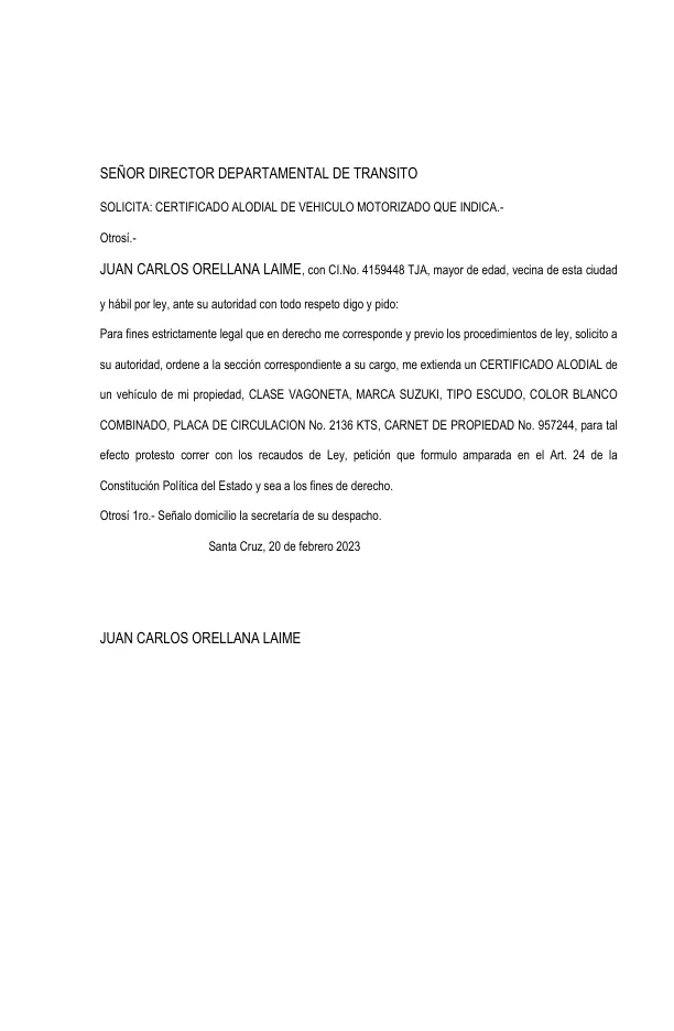 MODELO DE SOLICITUD DE CERTIFICADO ALODIAL DE VEHÍCULO - TRANSITO