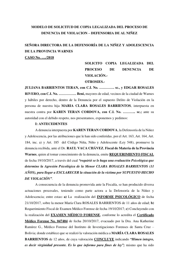 MODELO DE SOLICITUD DE COPIA LEGALIZADA DEL PROCESO DE DENUNCIA DE VIOLACION
