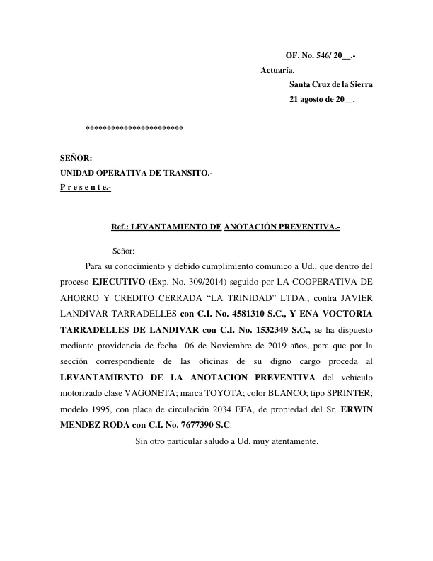 MODELO DE SOLICITUD LEVANTAMIENTO DE ANOTACIÓN PREVENTIVA (Transito)