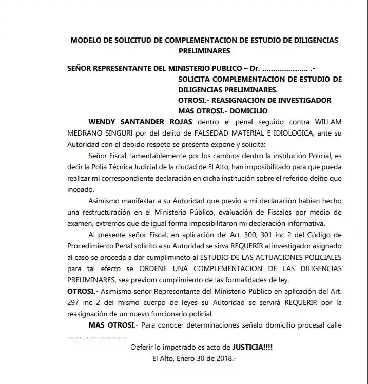 SOLICITUD DE COMPLEMENTACION DE ESTUDIO DE DILIGENCIAS PRELIMINARES