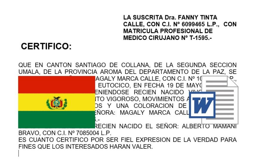 certificado de nacido vivo bolivia en word