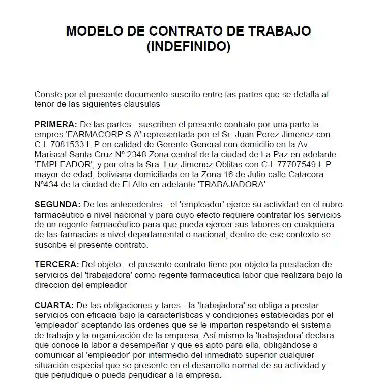 modelo de contrato de trabajo en bolivia pdf